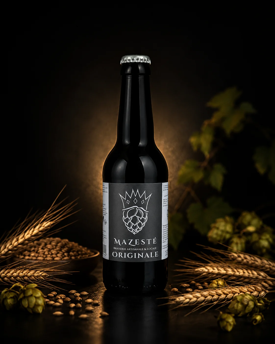 L'Originale — Bière artisanale Mazesté, éclairage studio avec épis de blé et cônes de houblon